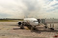 HUNGARY, BUDAPEST - CIRCA 2019: Emirates Airline Airplane getting ready for takeoff at Budapest airport, cargo and passengers Royalty Free Stock Photo