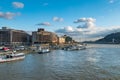 Aerial view of Budapest on Danube river  under dramatic sky Royalty Free Stock Photo