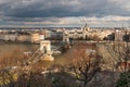 aerial view of Budapest on Danube river under dramatic sky Royalty Free Stock Photo