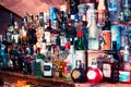 Alcoholic drinks, a lot of bottles in the bar. Party at night Royalty Free Stock Photo