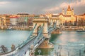 Hungary Budapest March 2018. The chain bridge view of the Basilica of St. Stephen view from the coast of Buda to Pest Royalty Free Stock Photo