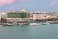 Hungary Budapest March 2018. City view Danube river pier large tourist ship St. StephenÃ¢â¬â¢s Cathedral hotel glass green