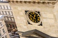 Hungary Budapest March 2018. The clock tower of the golden numeral hands dial close up part of the cathedral st Stephen