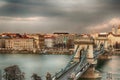 Hungary Budapest March 2018. HDR photo out of European city Budapest the chain bridge dark stormy sky view of Pest Royalty Free Stock Photo