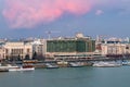 Hungary Budapest March 2018. Pier Danube river Budapest white ships tourist excursions big hotel