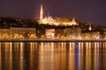 Hungary, Budapest by night - reflections in Danube river, Fisherman's Bastion