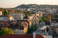 Hungary, Budapest spring cityscape, church against the background of modern architecture