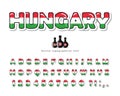 Hungary cartoon font. Hungarian national flag colors. Paper cutout glossy ABC letters and numbers. Bright alphabet for tourism