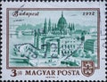 Hungary circa 1972: A post stamp printed in Hungary showing a cityscape of Budapest the capital of Hungary. City coat of arms of B