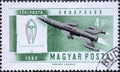 Hungary circa 1962: A post stamp printed in Hungary showing a historic airplane: Space rocket and Tsiolkovsky`s rocket,