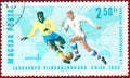 Postage stamp printed in Hungary with a picture of a footballs players, with the inscription `World Football Cup Chile 1962`