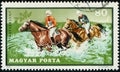 HUNGARY - CIRCA 1971: stamp 80 Hungarian filler printed by Hungary, shows Horses (Equus ferus caballus) fording River