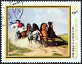 HUNGARY - CIRCA 1979: A stamp printed in Hungary from the `Animal Paintings` issue shows Coach and Five Karoly Lotz, circa 1979.