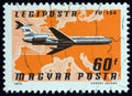 HUNGARY - CIRCA 1977: A stamp printed in Hungary shows a Tupolev TU-154, Malev and Europe map, circa 1977. Royalty Free Stock Photo