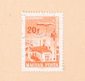 A stamp printed in Hungary shows an airplane over the city of Helsinki, circa 1970