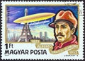 HUNGARY - CIRCA 1977: A stamp printed in Hungary shows Alberto Santos-Dumont and airship Ballon No. 5 over Paris, circa 1977.