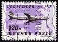 HUNGARY - CIRCA 1977: A stamp printed in Hungary shows a Douglas DC-8, Swissair and South East Asia map, circa 1977. Royalty Free Stock Photo