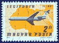 HUNGARY - CIRCA 1977: A stamp printed in Hungary shows a Ilyushin IL-62, CSA, and North Africa map, circa 1977. Royalty Free Stock Photo