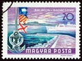 HUNGARY - CIRCA 1968: A stamp printed in Hungary shows lake steamer, flags and Badacsony hills, circa 1968. Royalty Free Stock Photo