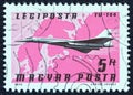 HUNGARY - CIRCA 1977: A stamp printed in Hungary shows a Tupolev TU-144, Aeroflot and Northern Europe map, circa 1977.