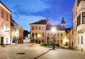 Hungary - Cozy little baroque square in the center of Gyor, with the bronze sculpture of Nimrod, in the background the Cathedral