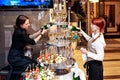 Hungary Eger. 05 April 2018. The waiter carries a tray with drinks Royalty Free Stock Photo