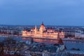 Hungary, evening twilight in Budapest, parliament on the background of night city lights, cityscape Royalty Free Stock Photo