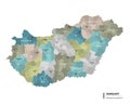 Hungary higt detailed map with subdivisions. Administrative map of Hungary with districts and cities name, colored by states and