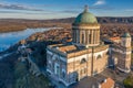 Hungary - Historical Basilica of Esztergom city from drone view near Danube river.