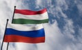 Hungary and Russia flags. Blue sky and flag Hungary and Russia, 3D work and 3D image Royalty Free Stock Photo