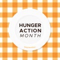 Hunger Action month. September. Empty white plate with text. Orange gingham. Vector illustration, flat design