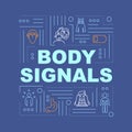 Hunger body signals word concepts banner. Appetite sense and digestive upset. Infographics with linear icons on blue