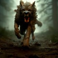 Hunger, scarey wolf is running. Red eyed, beast animal with big teeth. AI generative Royalty Free Stock Photo