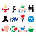 Hunger, starvation, poverty icons set