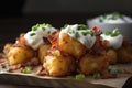 Beautifully served tater tots with cheese and sour cream.