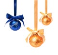 Hunging golden ahd blue christmas balls isolated