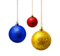 Hunging red blue and yellow christmas ball isolated on a white