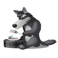 Hungry animated grey wolf with fork and empty plate with fly isolated on white background. Vector cartoon close-up Royalty Free Stock Photo