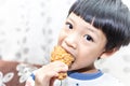 Hungry asia little boy eating chicken leg. Child hand holding a fried chicken Royalty Free Stock Photo