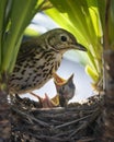 Hungry baby Song thrushes (Turdus philomelos) open mouth widely and cry for mother to feed them. Vertical format