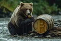 A hungry bear eats honey from a barrel near a river in nature