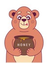 Hungry bear holds a pot of honey and licks.