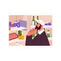 Hungry bearded man choosing food inside full fridge. Home refrigerator shelves with large choice of meal, products