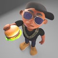 Hungry black hiphop rapper eating a cheese burger snack, 3d illustration
