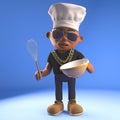 Hungry black hiphop rapper mixing a cake in a bowl while wearing chefs hat, 3d illustration