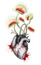 Hungry black & white heart with fly traps isolated on white background. Watercolor illustration.