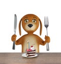 Hungry cartoon dog with cake holds a knife and fork. isolated on white background. 3d render