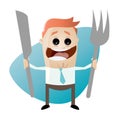 Hungry cartoon man with fork and knife