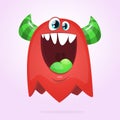 Hungry cartoon monster. Halloween vector red and horned monster.