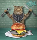 Cat eats a fish burger Royalty Free Stock Photo